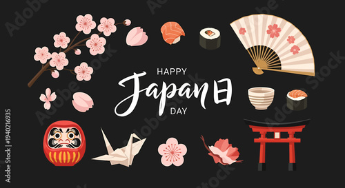 Vibrant collection of Japanese cultural symbols including cherry blossoms, sushi, Daruma doll, origami crane, and traditional fan, perfect for Japan Day celebration