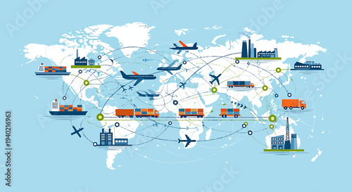 Seamless Global Transportation and Logistics Network Illustrating Worldwide Supply Chain Management, Freight Distribution, and Connected Infrastructure on a World Map