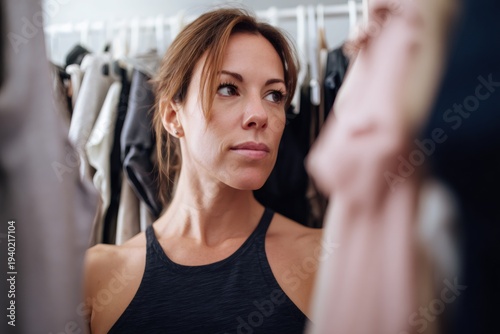 Thoughtful woman choosing an outfit from her closet. Pensive person selecting clothes from a wardrobe rack at home