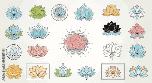 Collection of Decorative Lotus Flower Icons with Geometric and Spiritual Designs for Yoga and Wellness Brands