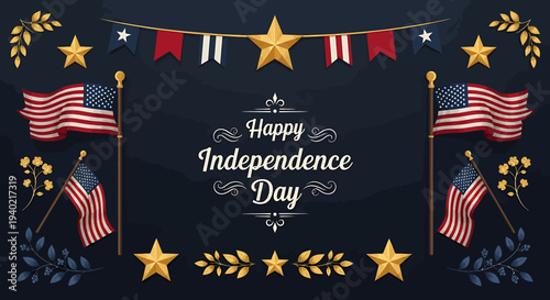 Happy Independence Day USA Celebration with Flags and Stars on Dark Blue Background