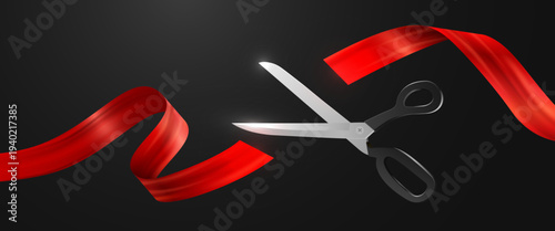 Realistic scissors cutting a red ribbon for a grand opening event. Perfect for ceremonies, celebration, or a new beginning. Vector illustration.