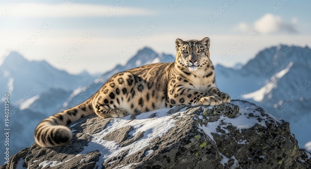 Fototapeta premium Majestic Snow Leopard Resting on Rocky Mountain Peak with Mountain Range in Background