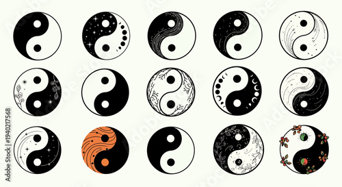 Diverse stylized Yin Yang symbols, unique graphic patterns and textures. Icons represent universal balance, harmony, and interconnectedness for creative design applications