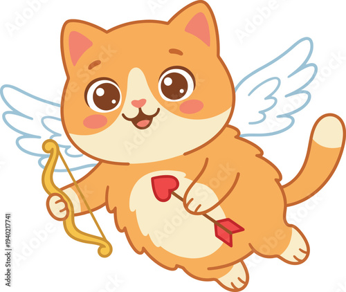 Cute Cupid Cat with Bow and Arrow Vector | Adorable Winged Kitten Holding Heart Arrow
