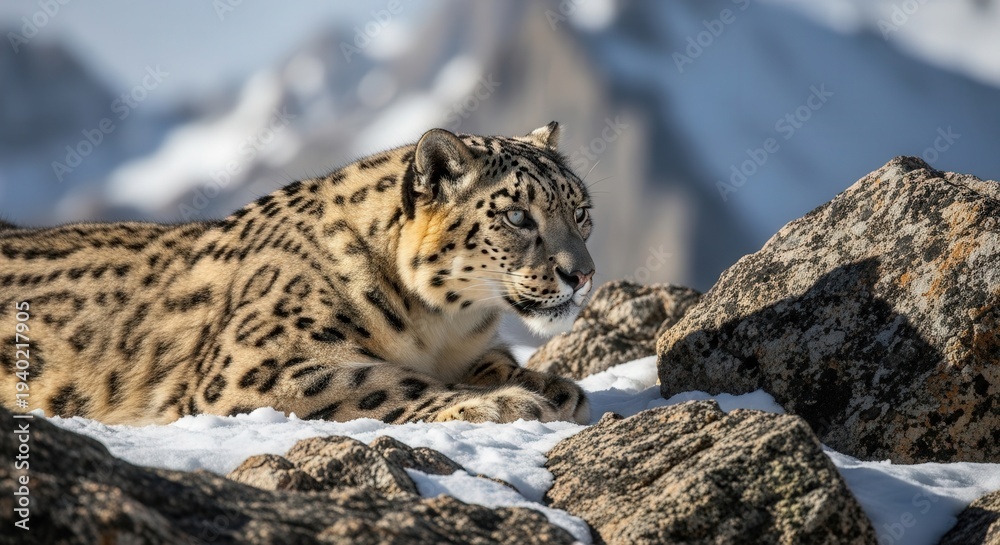 Fototapeta premium Majestic Snow Leopard Resting on Rocky Snow-Covered Mountain Terrain