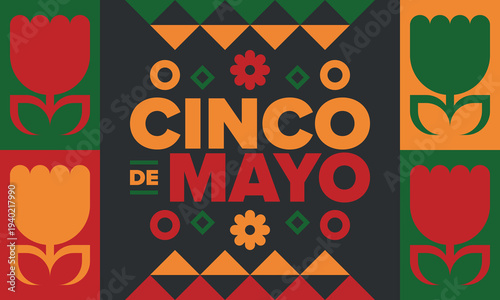 Cinco de Mayo in Mexico. Traditional mexican fiesta in May. National happy holiday with carnival, festival and parade. Latin american and spanish pattern. Illustration with sombrero. Vector poster