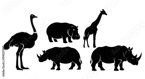 African Animals Silhouettes Collection - Ostrich, Hippo, Giraffe, Rhinoceros Wildlife