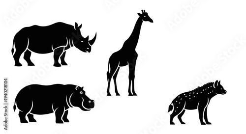 African Safari Animals Silhouettes: Rhino, Giraffe, Hippo, Hyena Vector Set