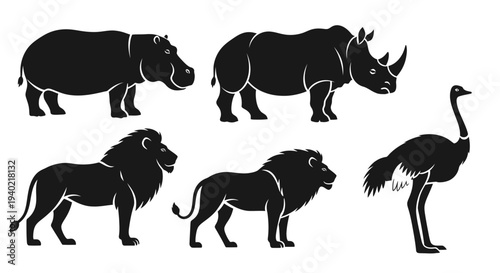 African Safari Animals Silhouettes Set - Wildlife Vector Icons of Hippo, Rhino, Lion, Ostrich