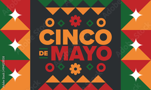 Cinco de Mayo in Mexico. Traditional mexican fiesta in May. National happy holiday with carnival, festival and parade. Latin american and spanish pattern. Illustration with sombrero. Vector poster