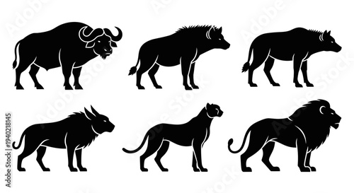 African Safari Animals Silhouettes Set: Buffalo, Hyena, Wildebeest, Leopard, Lion Vector