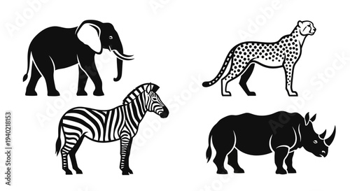 African Safari Animals Silhouettes Set: Elephant, Cheetah, Zebra, Rhinoceros
