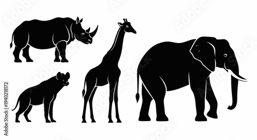 African Safari Animals Silhouettes Set: Elephant, Rhino, Giraffe, Hyena Icons