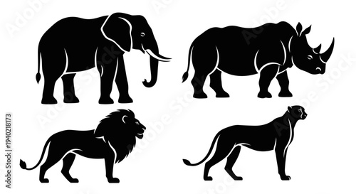 African Safari Animals Silhouettes Set: Elephant, Rhinoceros, Lion, and Big Cat Icons