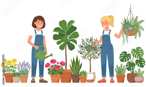 Two Female Gardeners in Denim Overalls Caring for Potted Plants Vector | Women Gardening Together with Indoor House Flowers