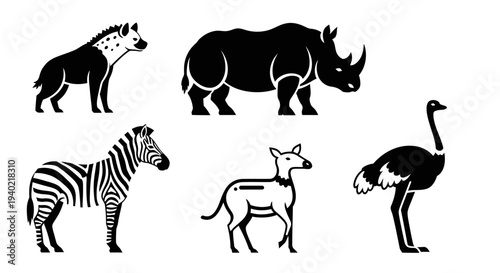 African Safari Wild Animals Silhouettes Set Vector Illustration: Hyena, Rhino, Zebra, Deer, Ostrich
