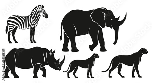 African Safari Wildlife Animals Silhouettes Set on White Background