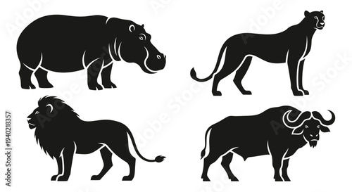 African Wild Animals Silhouettes Set: Lion, Leopard, Hippopotamus, and Buffalo Icons