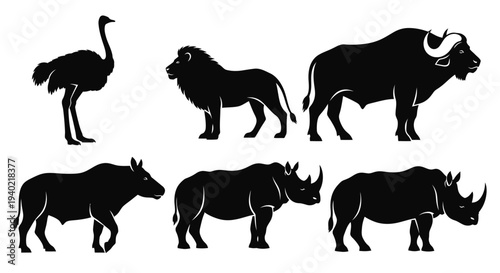African Safari Wildlife Silhouettes Collection: Ostrich, Lion, Buffalo, Warthog, Rhinoceros