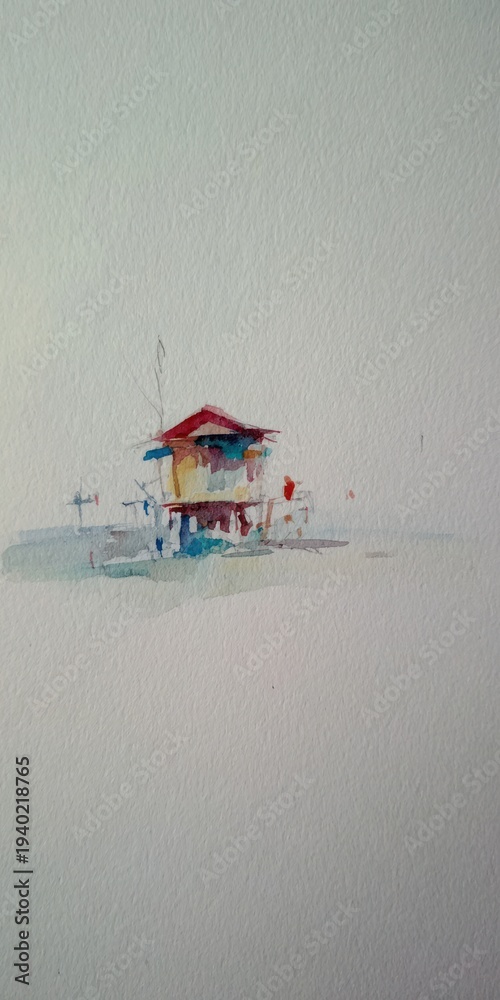 Fototapeta premium Watercolor painting of a small building by the water, red roof and muted colors