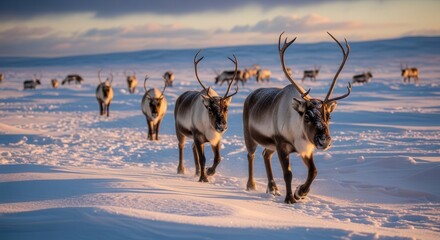 Majestic Reindeer Herd Moving Across Snowy Arctic Tundra Under Clear Sky