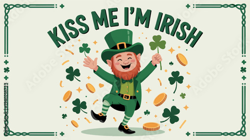 St patrick's day leprechaun with 'kiss me i'm irish' text and shamrocks festive green hat and outfit