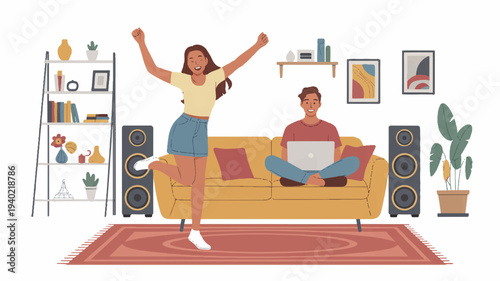 Young woman celebrating with arms raised while man relaxes on couch with laptop in living room