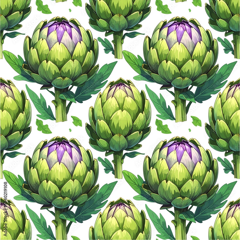 Fototapeta premium Fresh raw artichokes with vibrant purple leaves are isolated on a green background, offering a healthy and organic vegetarian food produce perfect for nutrition and nature-focused agriculture