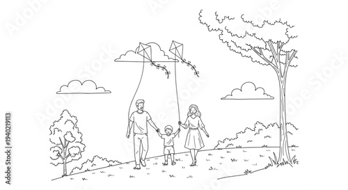 Family Flying Kites in Park Vector Line Art Illustration for Outdoor Activities and Childhood Memories, Black and White Outline Drawing