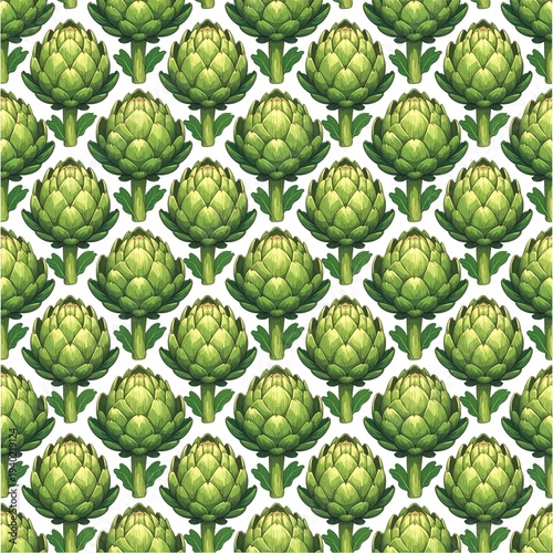 Fresh green seamless pattern of organic artichokes and brussels sprouts featuring raw leaves and healthy vegetables isolated on a nature-inspired background for a fresh market nutrition concept