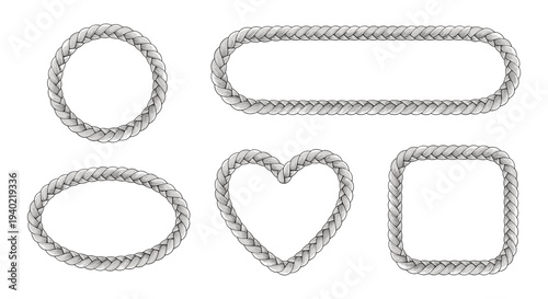 Realistic White Rope Frames Vector Set with Circle, Oval, Rectangle, Heart, and Rounded Square Shapes for Nautical Design Elements and Borders