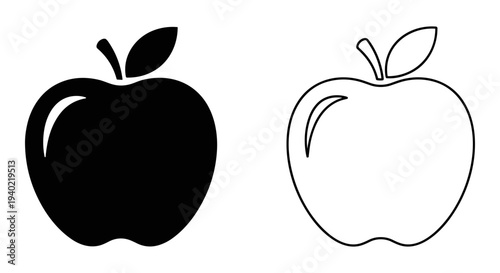 Set of 2 Black and White Apple Icons Vector - Solid Silhouette and Outline Design for Healthy Food, Education, and Fruit Concepts