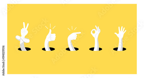 Set of 5 white cartoon hands emerging from black holes, displaying various gestures like peace, thumbs up, pointing, OK, and open palm on a vibrant yellow background vector illustration