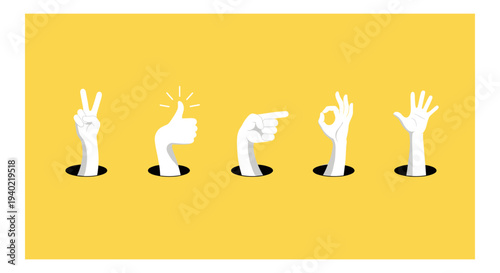 Set of 5 white cartoon hands with various gestures emerging from black holes on a bright yellow background vector illustration
