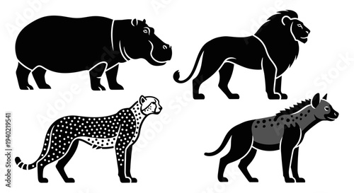 African Wildlife Silhouettes: Hippopotamus, Lion, Cheetah, and Hyena Vector Icons