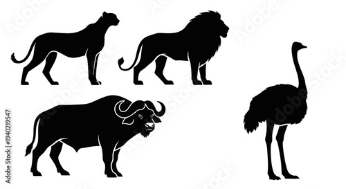 African Wildlife Silhouettes: Lion, Lioness, Buffalo, Ostrich Icons
