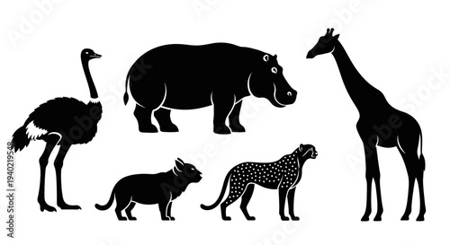 African Wildlife Silhouettes: Ostrich, Hippo, Cheetah, Giraffe, Panther