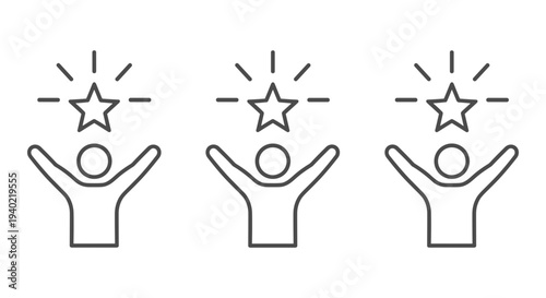 Three Outline Vector Icons of People with Raised Arms Celebrating a Shining Star, Representing Success, Achievement, and Positive Feedback