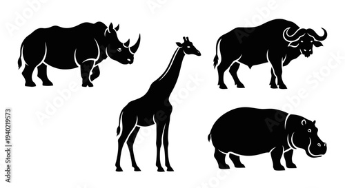 African wildlife silhouettes: rhino, giraffe, buffalo, hippo. Safari animal icons set.