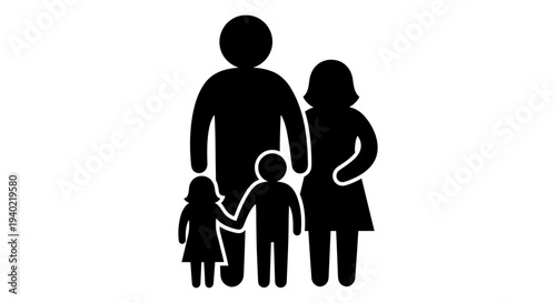 Black silhouette vector icon of a traditional family unit with two parents and two children, ideal for website design, social media, and educational materials.