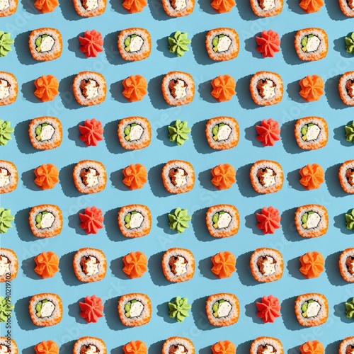 Seamless sushi cartoon character pattern for retro style wallpaper design.