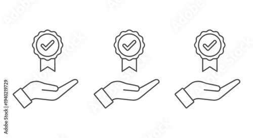 Set of 3 line art vector icons depicting a hand presenting a quality guarantee badge with a checkmark, ideal for business, service, and product assurance concepts.