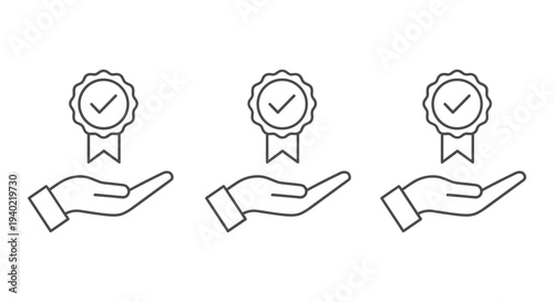 Set of 3 Quality Guarantee and Service Assurance Icons Vector, featuring hands holding a badge with a checkmark, ideal for business, trust, and satisfaction concepts.