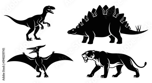 Animal and Dinosaur Silhouettes Set: Raptor, Stegosaurus, Pterodactyl, and Big Cat