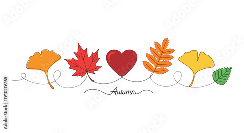 Autumn leaves and heart continuous line art vector illustration with fall foliage in orange, red, and green, perfect for seasonal designs and banners