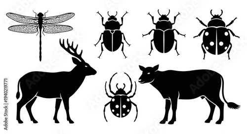 Animal and Insect Silhouettes Collection: Dragonfly, Beetles, Deer, Spider, Cow Icons
