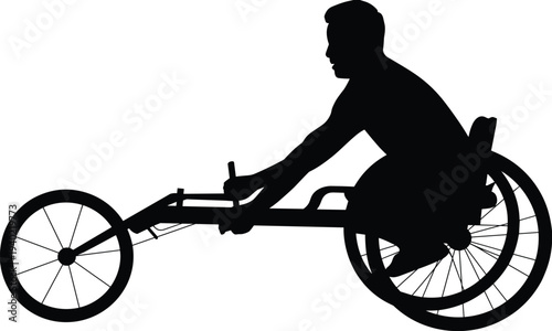 Wheelchair racing silhouette, adaptive sports, athlete motion, disability inclusion, three wheel design, speed competition, mobility empowerment, sport illustration, fitness concept, determination