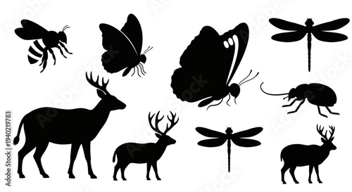 Animal and insect silhouettes set: deer, butterfly, dragonfly, bee, beetle