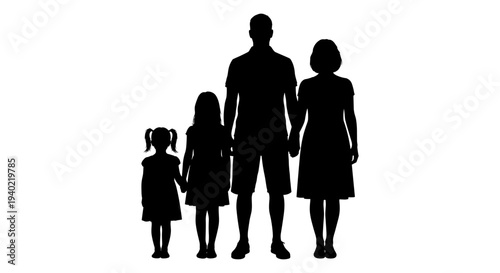 Black silhouette vector illustration of a nuclear family with two children, a father, mother, and two daughters, standing together and holding hands, isolated on a white background.